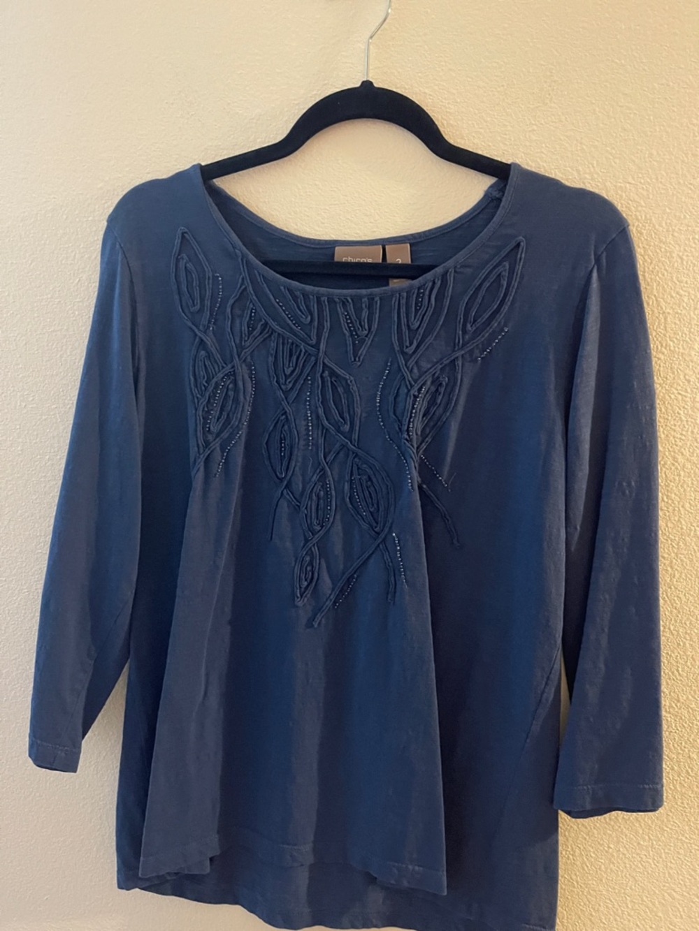 Chico's Navy Embellished Scoop Neck Long Sleeve Top